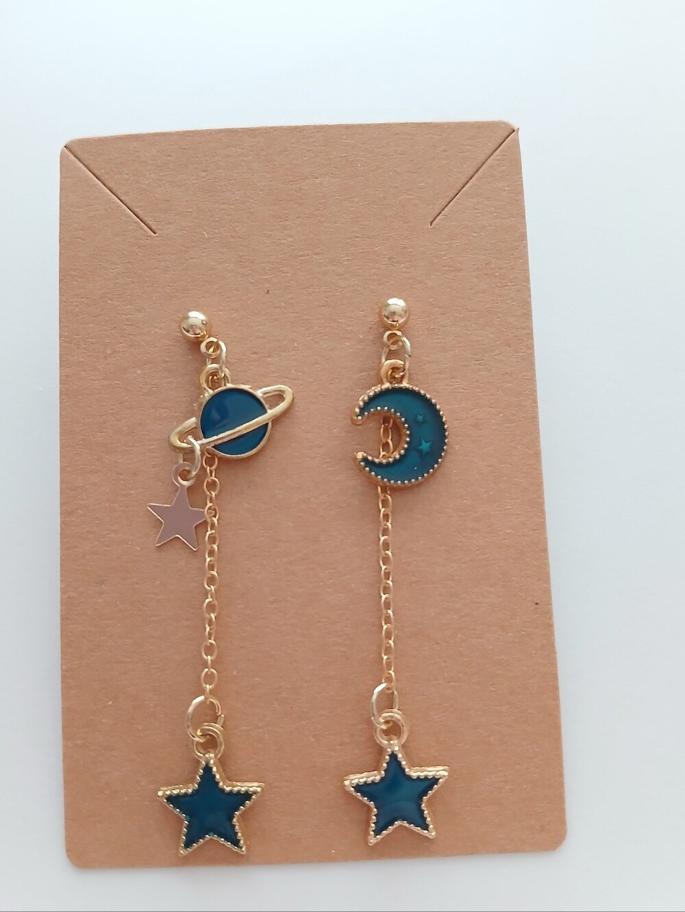 Fashion Jewelry Gold-Tone Asymmetric Planet, Moon & Star Dangle Earrings in Blue